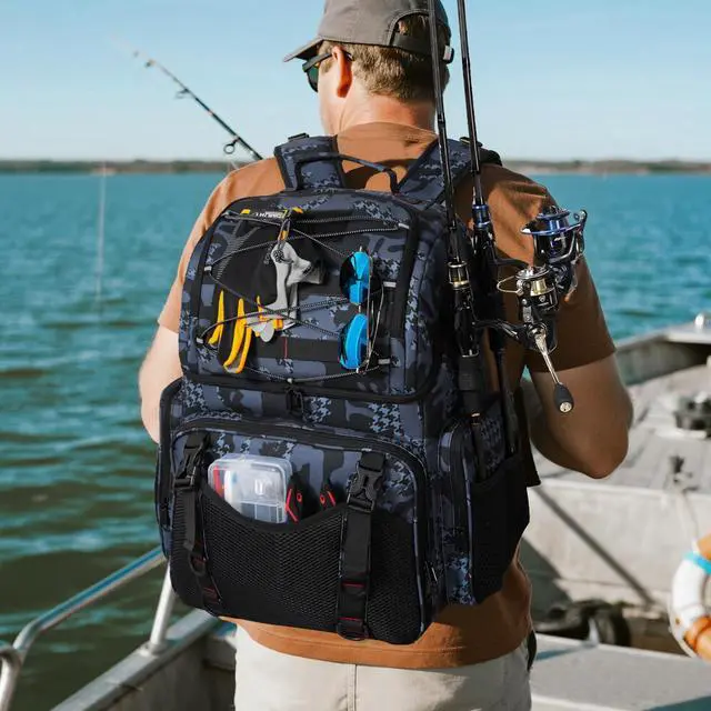 Alt view image 6 of 6 - Fishing Backpack, 45L Large Cooler Fishing Tackle bag with Rod Holders & Rain Cover, Water-resistant Store Gear(With 4 Tackle Boxes)