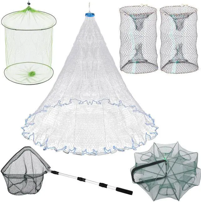 Main image of 6 Pcs Fishing Net Trap Portable Folded, Crab Trap Minnow Trap, Fishing Landing Net with Telescoping Pole Handle, Casting Net Bait Trap with Heavy Duty Sinker and Storage Bucket