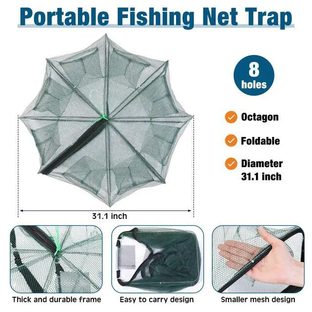 Alt view image 3 of 7 - 6 Pcs Fishing Net Trap Portable Folded, Crab Trap Minnow Trap, Fishing Landing Net with Telescoping Pole Handle, Casting Net Bait Trap with Heavy Duty Sinker and Storage Bucket