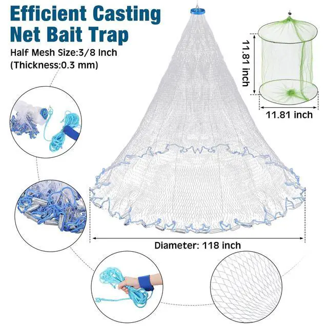Alt view image 5 of 7 - 6 Pcs Fishing Net Trap Portable Folded, Crab Trap Minnow Trap, Fishing Landing Net with Telescoping Pole Handle, Casting Net Bait Trap with Heavy Duty Sinker and Storage Bucket