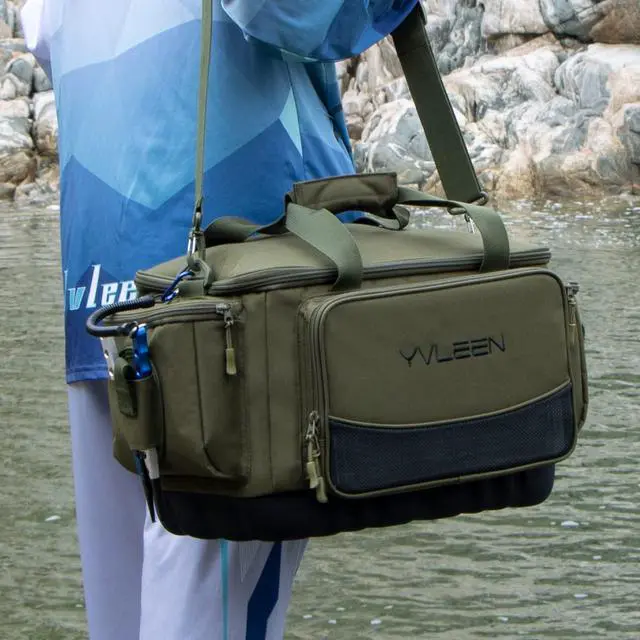 Alt view image 7 of 7 - Fishing Tackle Box Bag - Outdoor Large Fishing Tackle Storage Bag - 100% Water-Resistant Polyester Material - Fishing Tackle Bags - Suitable for 3600 3700 Tackle Box (Army Green)