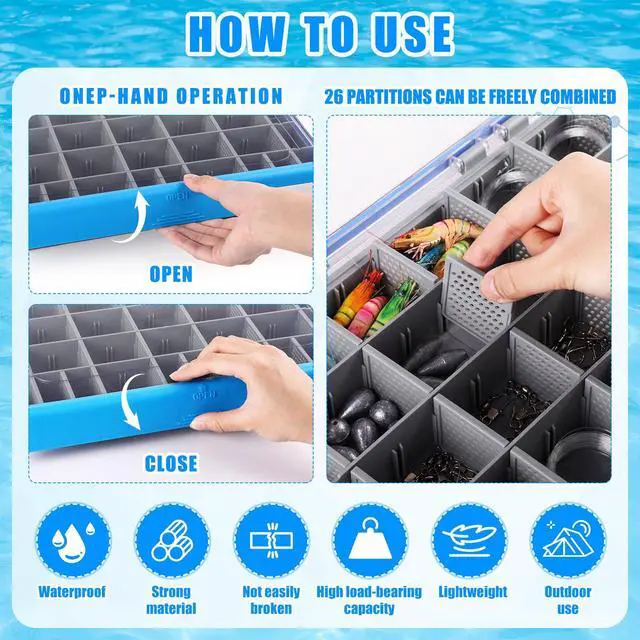 Alt view image 4 of 6 - 6 Pack 3700 Fishing Tackle Boxes Waterproof, Large Blue Lure Organizer Trays with Custom Dividers, Airtight Tackle Storage Case for Saltwater Baits, Swimbaits & Boat Bag Accessories