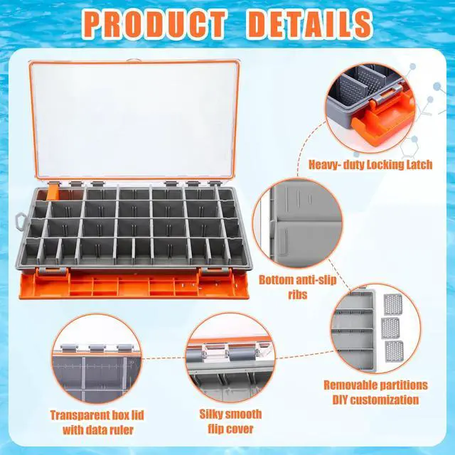 Alt view image 3 of 6 - 6 Pack 3700 Fishing Tackle Boxes Waterproof, Large Orange Lure Organizer Trays with Custom Dividers, Airtight Tackle Storage Case for Saltwater Baits, Swimbaits & Boat Bag Accessories