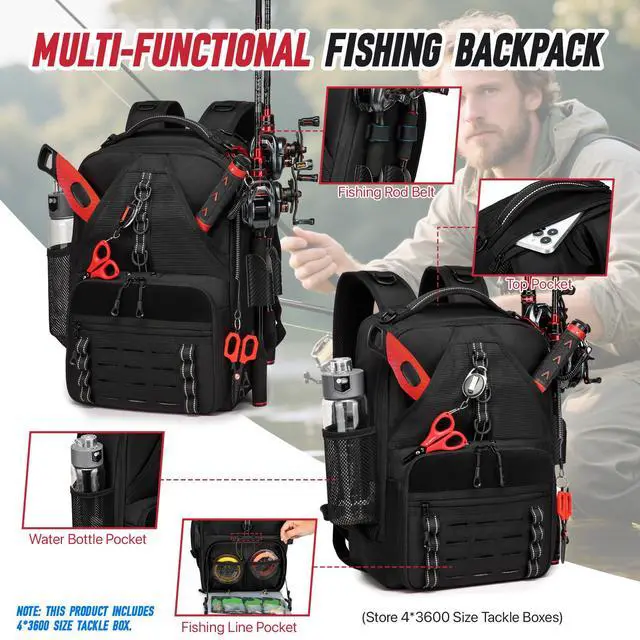 Alt view image 2 of 6 - Fishing Tackle Backpack,Tackle Bags with 2 Rod Holders & 4 Tackle Boxes, Water-Resistant Large Tackle Bag Storage Bag for Fishing Gear, Fisher Gifts for Men, Black