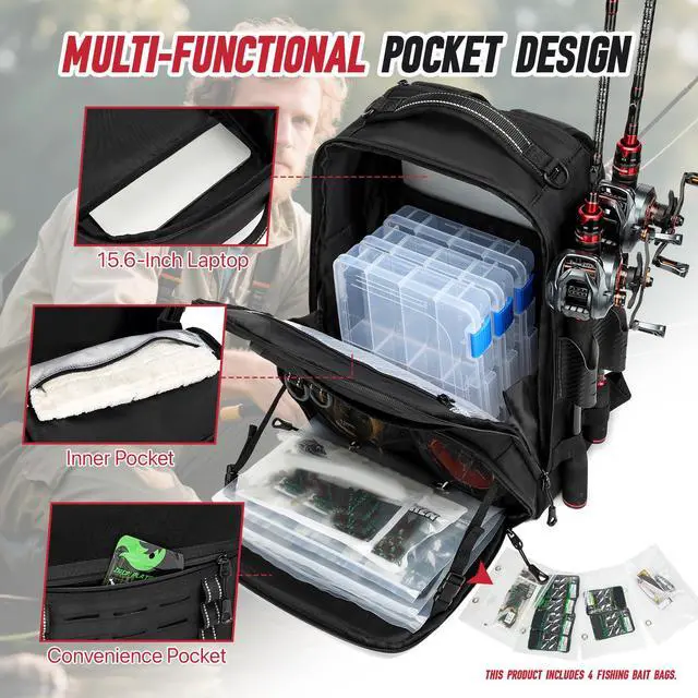 Alt view image 3 of 6 - Fishing Tackle Backpack,Tackle Bags with 2 Rod Holders & 4 Tackle Boxes, Water-Resistant Large Tackle Bag Storage Bag for Fishing Gear, Fisher Gifts for Men, Black