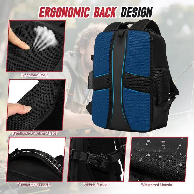 Alt view image 5 of 6 - Fishing Tackle Backpack,Tackle Bags with 2 Rod Holders & 4 Tackle Boxes, Water-Resistant Large Tackle Bag Storage Bag for Fishing Gear, Fisher Gifts for Men, Black