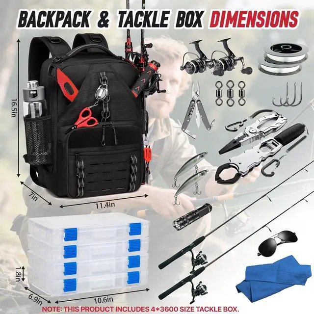 Alt view image 4 of 6 - Fishing Tackle Backpack,Tackle Bags with 2 Rod Holders & 4 Tackle Boxes, Water-Resistant Large Tackle Bag Storage Bag for Fishing Gear, Fisher Gifts for Men, Black