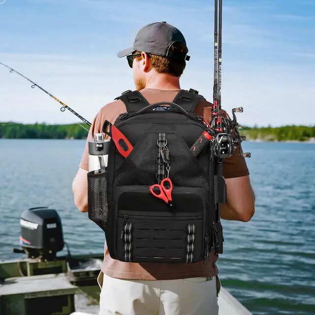 Alt view image 6 of 6 - Fishing Tackle Backpack,Tackle Bags with 2 Rod Holders & 4 Tackle Boxes, Water-Resistant Large Tackle Bag Storage Bag for Fishing Gear, Fisher Gifts for Men, Black