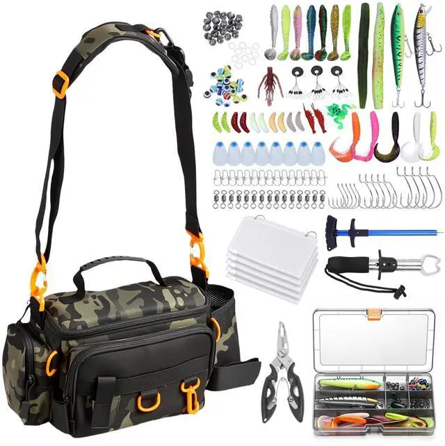 Main image of Fishing Tackle Bags with Tackle Box,Waterproof,Padded Shoulder Strap,Gear Storage,Fish Bag with 136 Pcs Fishing Lures Kit,Fish Hook Remover Tool,Fish Lip Gripper,Fishing Plier,Gifts for Men (Green)