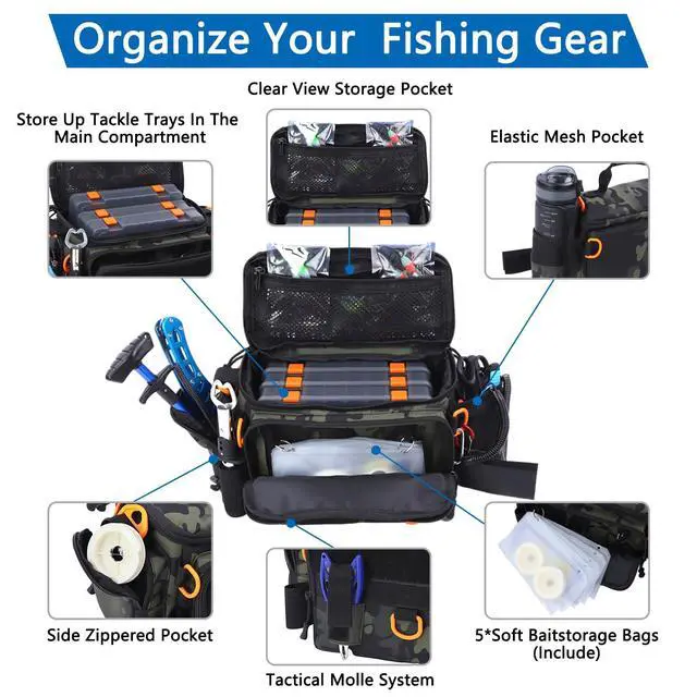 Alt view image 2 of 7 - Fishing Tackle Bags with Tackle Box,Waterproof,Padded Shoulder Strap,Gear Storage,Fish Bag with 136 Pcs Fishing Lures Kit,Fish Hook Remover Tool,Fish Lip Gripper,Fishing Plier,Gifts for Men (Green)