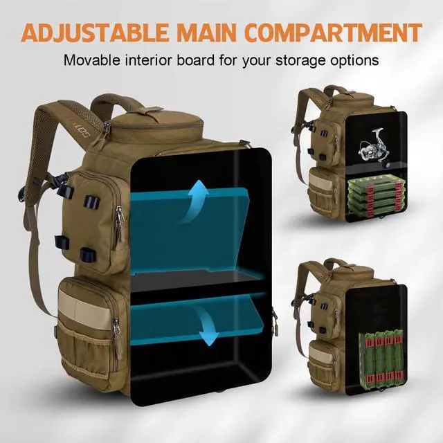 Alt view image 2 of 6 - Fishing Backpack, 58L 900D Water-Resistant Insulated Tackle Backpack with Cooler, Rod Holders, 8 Lure Pockets, Detachable Crossbody Bag, Gear Storage Large Fishing Bag for Camping Hiking