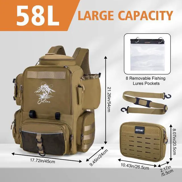 Alt view image 4 of 6 - Fishing Backpack, 58L 900D Water-Resistant Insulated Tackle Backpack with Cooler, Rod Holders, 8 Lure Pockets, Detachable Crossbody Bag, Gear Storage Large Fishing Bag for Camping Hiking
