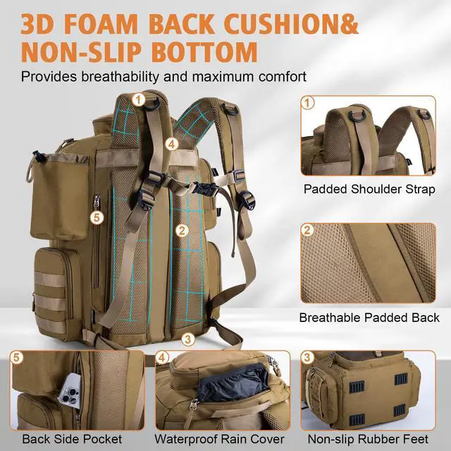 Alt view image 5 of 6 - Fishing Backpack, 58L 900D Water-Resistant Insulated Tackle Backpack with Cooler, Rod Holders, 8 Lure Pockets, Detachable Crossbody Bag, Gear Storage Large Fishing Bag for Camping Hiking