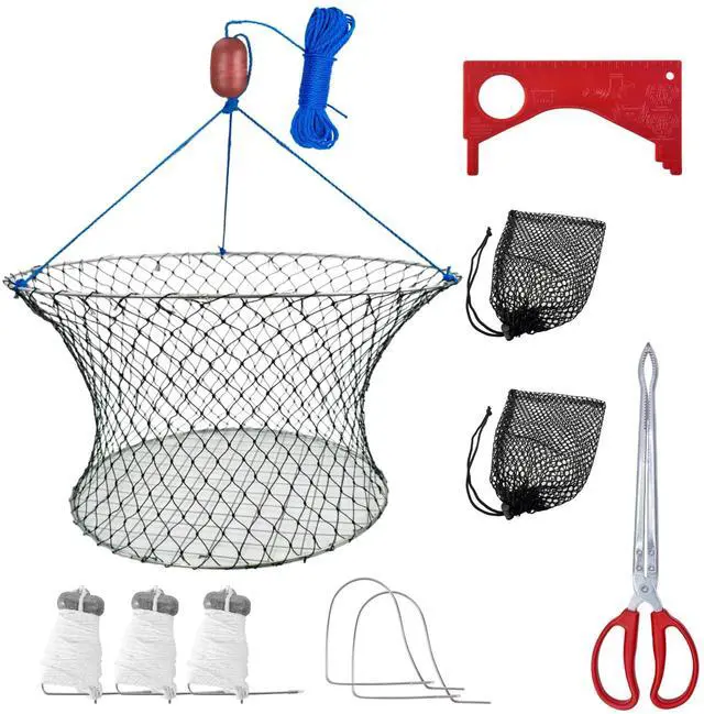 Main image of Double Ring Crab Trap - Steel Ring Crab Net, 24" Top, 20" Bottom, 50' Rope, Clip, Gauge for Dungeness, Rock and Blue Crab