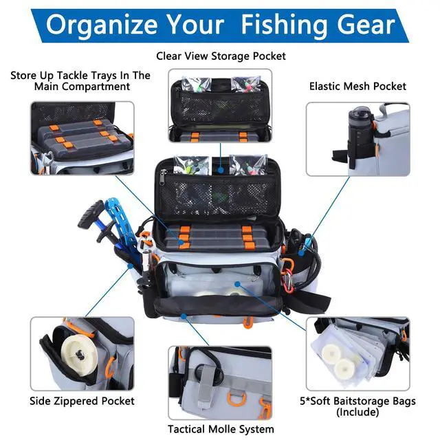 Alt view image 2 of 7 - Fishing Tackle Bags with Tackle Box,Waterproof,Padded Shoulder Strap,Gear Storage,Fish Bag with 136 Pcs Fishing Lures Kit,Fish Hook Remover Tool,Fish Lip Gripper,Fishing Plier,Gifts for Men (Gray)
