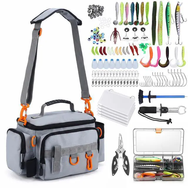 Main image of Fishing Tackle Bags with Tackle Box,Waterproof,Padded Shoulder Strap,Gear Storage,Fish Bag with 136 Pcs Fishing Lures Kit,Fish Hook Remover Tool,Fish Lip Gripper,Fishing Plier,Gifts for Men (Gray)