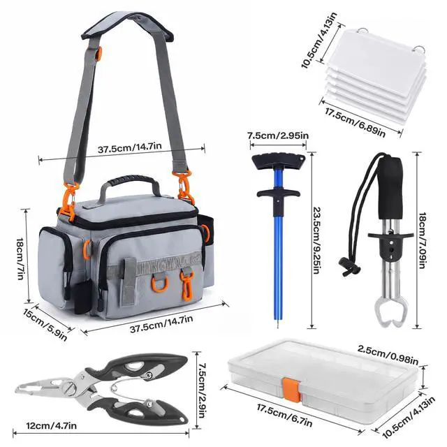 Alt view image 6 of 7 - Fishing Tackle Bags with Tackle Box,Waterproof,Padded Shoulder Strap,Gear Storage,Fish Bag with 136 Pcs Fishing Lures Kit,Fish Hook Remover Tool,Fish Lip Gripper,Fishing Plier,Gifts for Men (Gray)