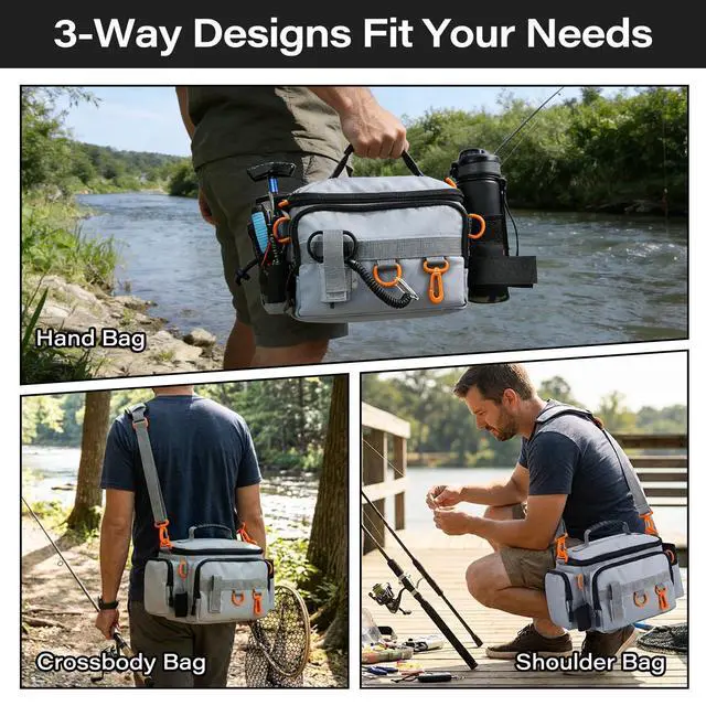 Alt view image 7 of 7 - Fishing Tackle Bags with Tackle Box,Waterproof,Padded Shoulder Strap,Gear Storage,Fish Bag with 136 Pcs Fishing Lures Kit,Fish Hook Remover Tool,Fish Lip Gripper,Fishing Plier,Gifts for Men (Gray)