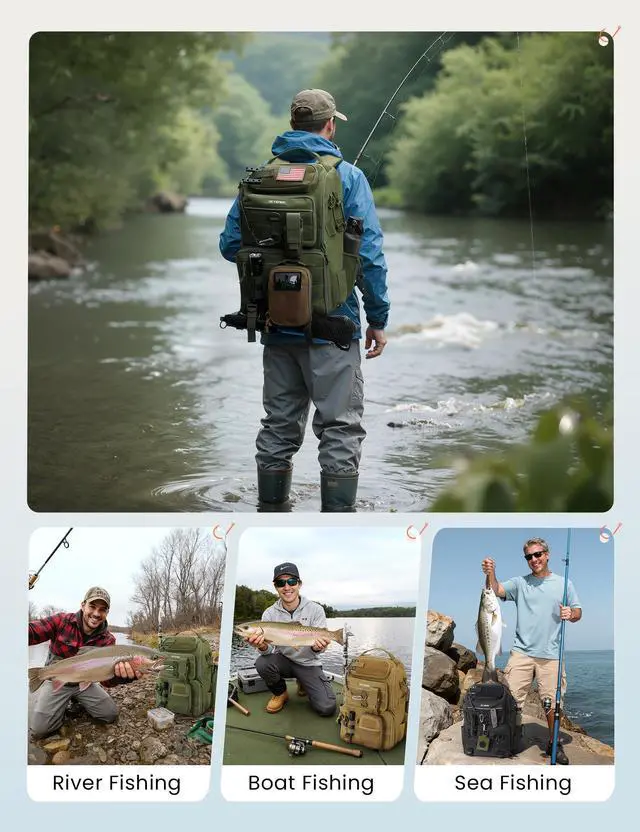 Alt view image 7 of 7 - Tackle Backpack Fishing Bags with Rod Holder, 40L Water-Resistant Tackle Box Storage Bag for Fishing Gear Lures(Khaki)