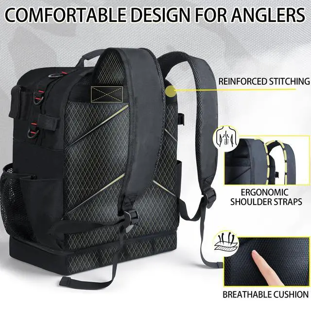 Alt view image 5 of 7 - Fishing Tackle Backpack with Cooler,45L Large Tackle Bag with 2 Rod Holders & Clear Window,Outdoor Fishing Backpack for Fishing,Camping,Hiking,Black