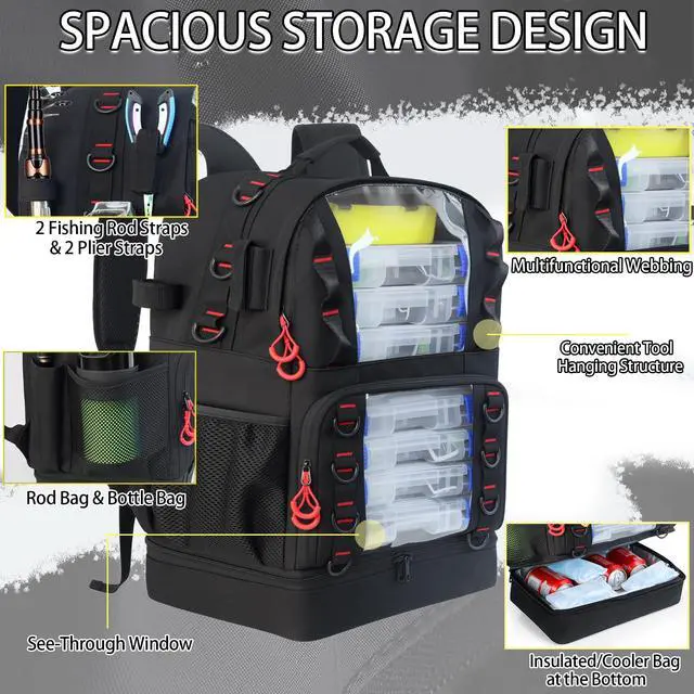 Alt view image 4 of 7 - Fishing Tackle Backpack with Cooler,45L Large Tackle Bag with 2 Rod Holders & Clear Window,Outdoor Fishing Backpack for Fishing,Camping,Hiking,Black