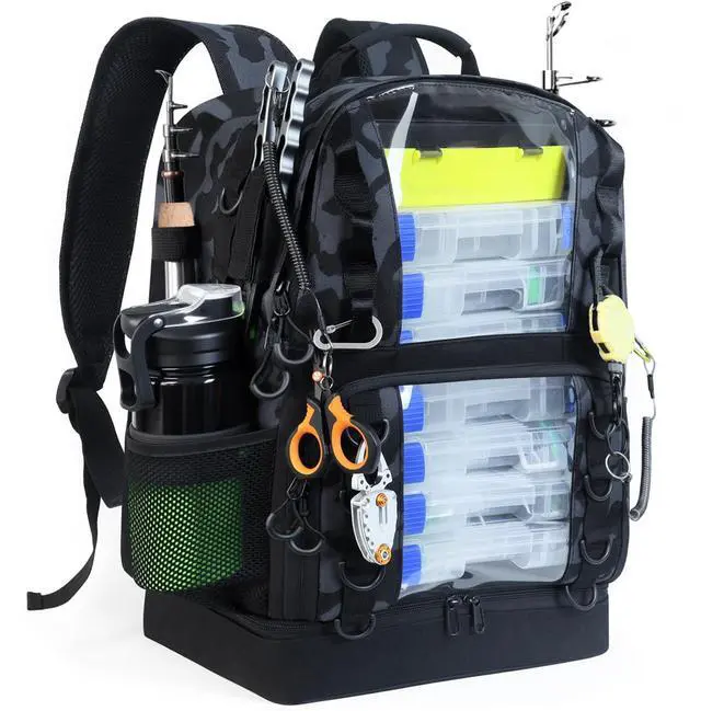 Main image of Fishing Tackle Backpack with Cooler,45L Large Tackle Bag with 2 Rod Holders & Clear Window,Outdoor Fishing Backpack for Fishing,Camping,Hiking,Camouflage Black