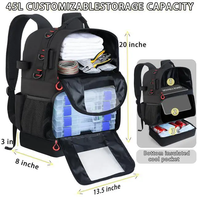 Alt view image 2 of 7 - Fishing Tackle Backpack with Cooler,45L Large Tackle Bag with 2 Rod Holders & Clear Window,Outdoor Fishing Backpack for Fishing,Camping,Hiking,Black