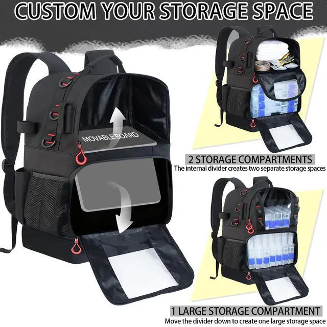 Alt view image 7 of 7 - Fishing Tackle Backpack with Cooler,45L Large Tackle Bag with 2 Rod Holders & Clear Window,Outdoor Fishing Backpack for Fishing,Camping,Hiking,Black