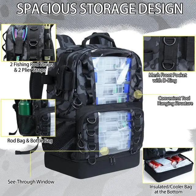 Alt view image 4 of 7 - Fishing Tackle Backpack with Cooler,45L Large Tackle Bag with 2 Rod Holders & Clear Window,Outdoor Fishing Backpack for Fishing,Camping,Hiking,Camouflage Black