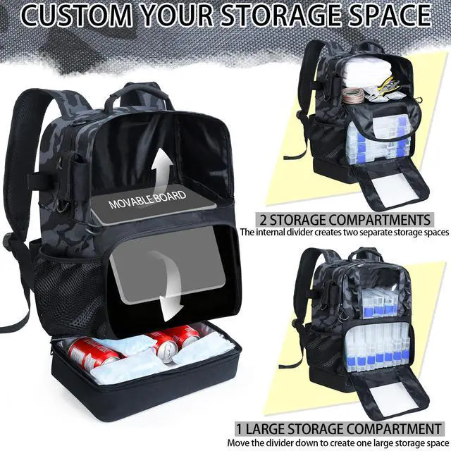 Alt view image 7 of 7 - Fishing Tackle Backpack with Cooler,45L Large Tackle Bag with 2 Rod Holders & Clear Window,Outdoor Fishing Backpack for Fishing,Camping,Hiking,Camouflage Black