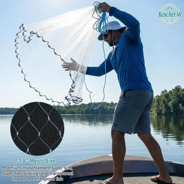 Alt view image 5 of 7 - Cast Net 3ft-8ft Radius American Monofilament Fishing Net 3/8 Mesh Fish Throw Net for Bait Trap, Casting Net with Heavy Duty Sinker, Professional Grade Saltwater Bait Fish