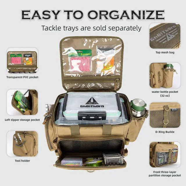 Alt view image 2 of 7 - Fishing Tackle Bag with Rod Holder Saltwater & Freshwater Resistant Large Tackle Box Bag - Waterproof Base, Adjustable Padded Shoulder Strap (Khaki)
