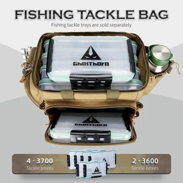 Alt view image 3 of 7 - Fishing Tackle Bag with Rod Holder Saltwater & Freshwater Resistant Large Tackle Box Bag - Waterproof Base, Adjustable Padded Shoulder Strap (Khaki)