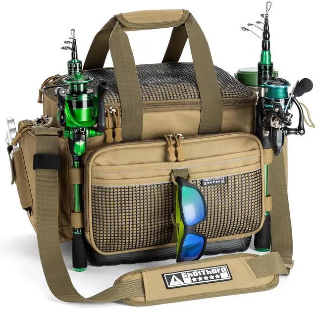 Main image of Fishing Tackle Bag with Rod Holder Saltwater & Freshwater Resistant Large Tackle Box Bag - Waterproof Base, Adjustable Padded Shoulder Strap (Khaki)