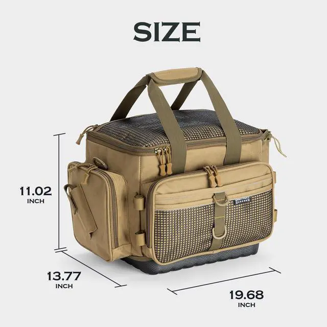 Alt view image 5 of 7 - Fishing Tackle Bag with Rod Holder Saltwater & Freshwater Resistant Large Tackle Box Bag - Waterproof Base, Adjustable Padded Shoulder Strap (Khaki)