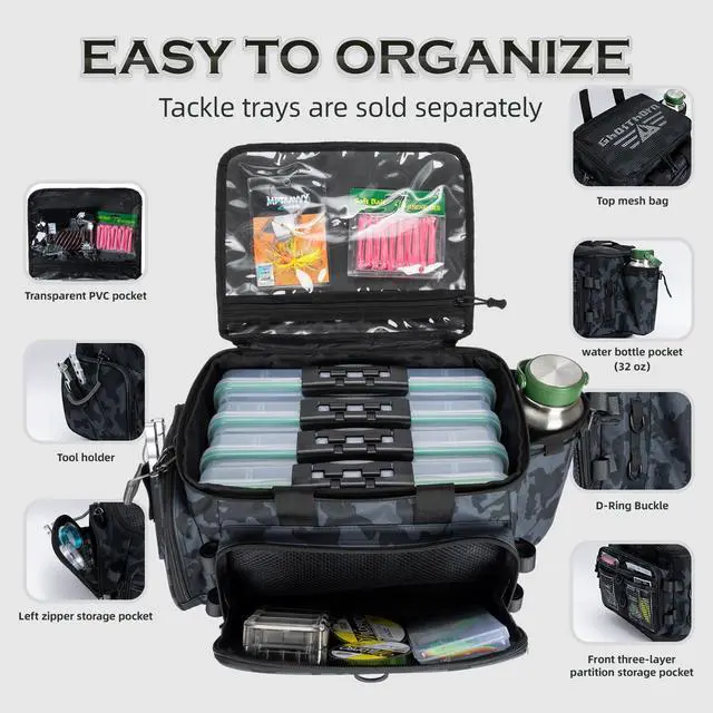 Alt view image 2 of 7 - Fishing Tackle Bag with Rod Holder Saltwater & Freshwater Resistant Large Tackle Box Bag - Waterproof Base, Adjustable Padded Shoulder Strap (Black Camouflage)