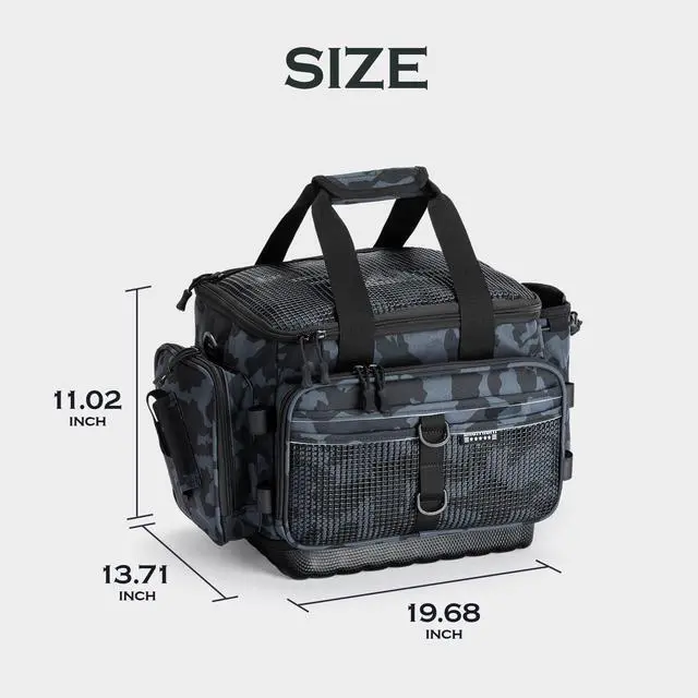 Alt view image 7 of 7 - Fishing Tackle Bag with Rod Holder Saltwater & Freshwater Resistant Large Tackle Box Bag - Waterproof Base, Adjustable Padded Shoulder Strap (Black Camouflage)