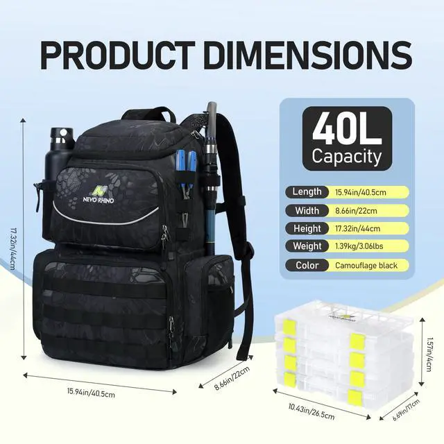 Alt view image 2 of 7 - Fishing Tackle Backpack with Rod Holders, 40L Large Fishing Bag with Waterproof Rain Cover,Outdoor Tackle Bag