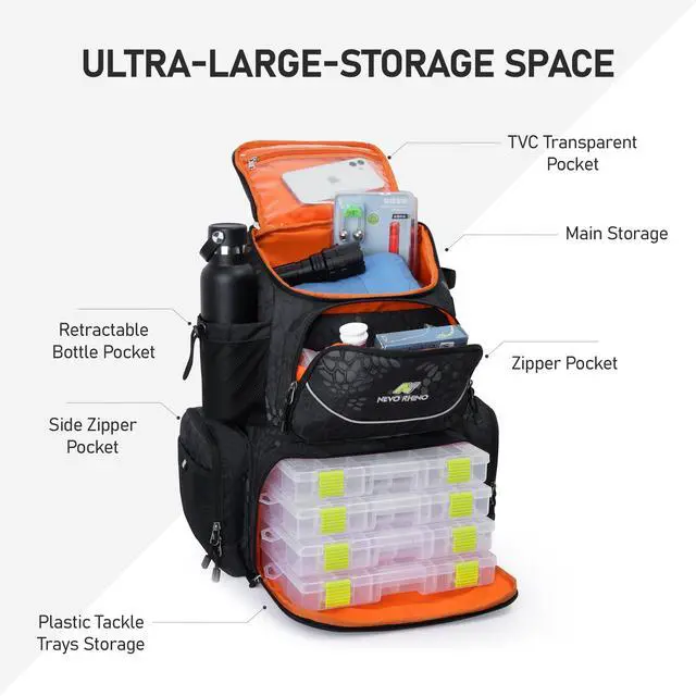 Alt view image 3 of 7 - Fishing Tackle Backpack with Rod Holders, 40L Large Fishing Bag with Waterproof Rain Cover,Outdoor Tackle Bag