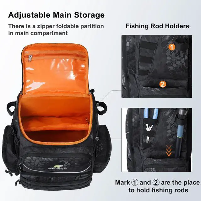 Alt view image 4 of 7 - Fishing Tackle Backpack with Rod Holders, 40L Large Fishing Bag with Waterproof Rain Cover,Outdoor Tackle Bag