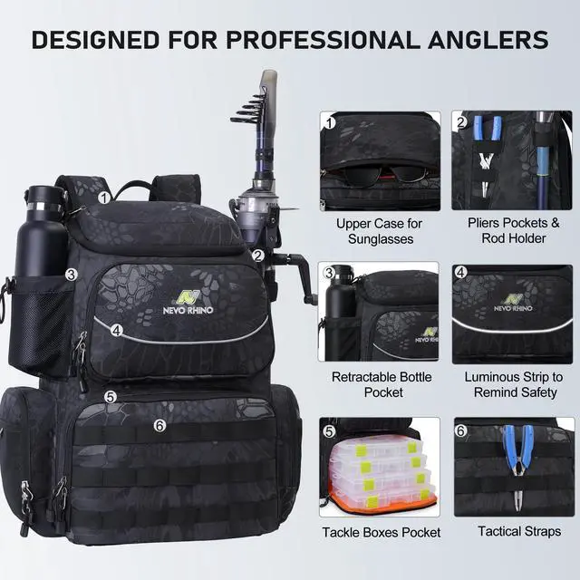 Alt view image 5 of 7 - Fishing Tackle Backpack with Rod Holders, 40L Large Fishing Bag with Waterproof Rain Cover,Outdoor Tackle Bag