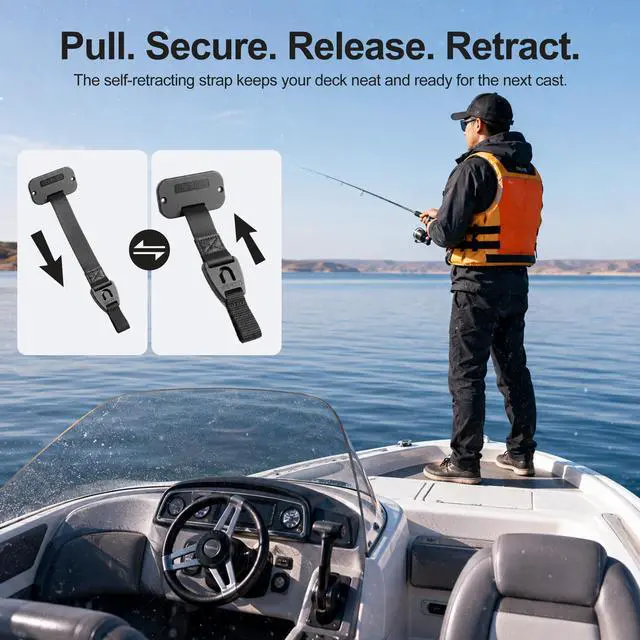 Alt view image 3 of 7 - Retractable Rod Straps for Fishing Rods, Gunwale/Deck Mount Self-Retracting Tie-Down Straps, F14200 Rod Saver Strap Fishing Rod Holder, Fishing Pole Holders for Boat Deck, Black