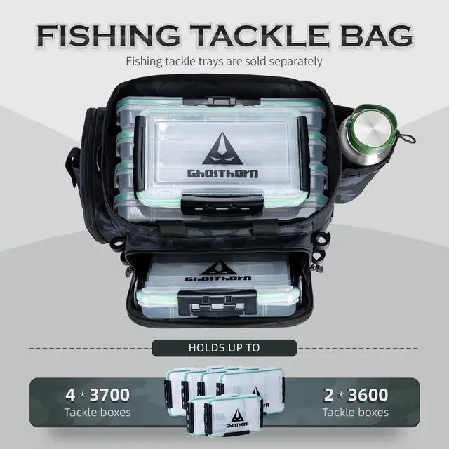 Alt view image 3 of 7 - Fishing Tackle Bag with Rod Holder Saltwater & Freshwater Resistant Large Tackle Box Bag - Waterproof Base, Adjustable Padded Shoulder Strap (Black Camouflage)