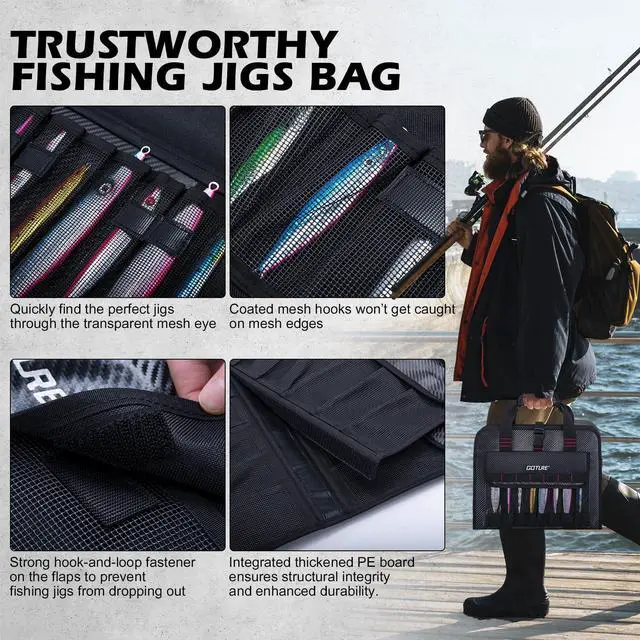 Alt view image 7 of 7 - Fishing Jig Bag,34 Mesh Pockets Portable Water-Resistant 600D PU Fishinig Lure Bag Saltwater Freshwater,Detachable Compartment, Suitable For Vertical Jig Slow Pitch Jigging Bait Tackle Storage
