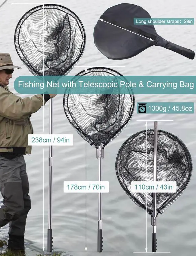 Alt view image 2 of 6 - 94" Telescopic Fishing Landing Net - Heavy-Duty Aluminum Handle with Non-Snag Rubber Coated Mesh, Extra Large Fishing Net for Saltwater Boat Fishing