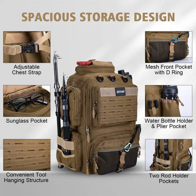 Alt view image 4 of 7 - Fishing Backpack,900D Water-Resistant Tackle Backpack with Rod Holders,45L Large Fishing Bag Storage Gear Tackle Bag with Rain Cover,Bottle Holder for Travel Camping Hiking(Without Tackle Box)