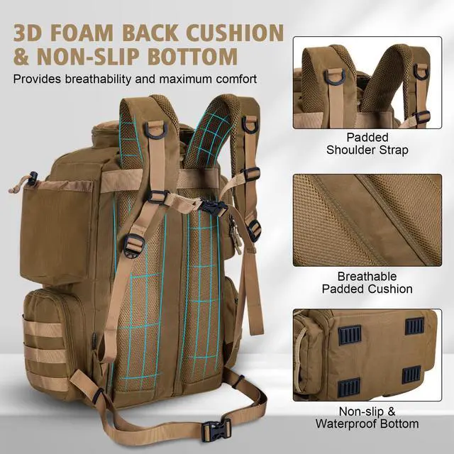 Alt view image 5 of 7 - Fishing Backpack,900D Water-Resistant Tackle Backpack with Rod Holders,45L Large Fishing Bag Storage Gear Tackle Bag with Rain Cover,Bottle Holder for Travel Camping Hiking(Without Tackle Box)