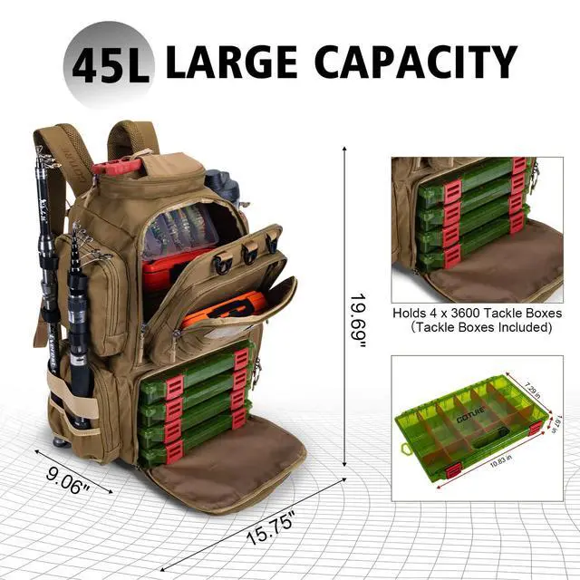 Alt view image 5 of 7 - Fishing Backpack with 4 Tackle Boxes,900D Water-Resistant Tackle Backpack with Rod Holders,45L Large Fishing Bag Storage Gear Tackle Bag with Rain Cover,Bottle Holder for Travel Camping Hiking