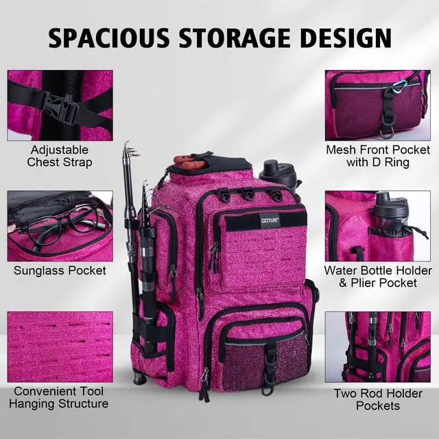 Alt view image 2 of 7 - Fishing Backpack with 4 Tackle Boxes,900D Water-Resistant Tackle Backpack with Rod Holders,45L Large Fishing Bag Storage Gear Tackle Bag with Rain Cover,Bottle Holder for Travel Camping Hiking