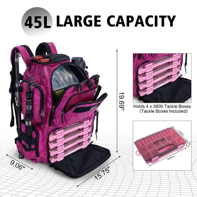 Alt view image 3 of 7 - Fishing Backpack with 4 Tackle Boxes,900D Water-Resistant Tackle Backpack with Rod Holders,45L Large Fishing Bag Storage Gear Tackle Bag with Rain Cover,Bottle Holder for Travel Camping Hiking